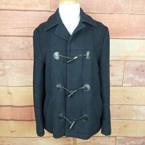 VINTAGE wool pea coat with leather buttonhole winter coat plaid lining fit large